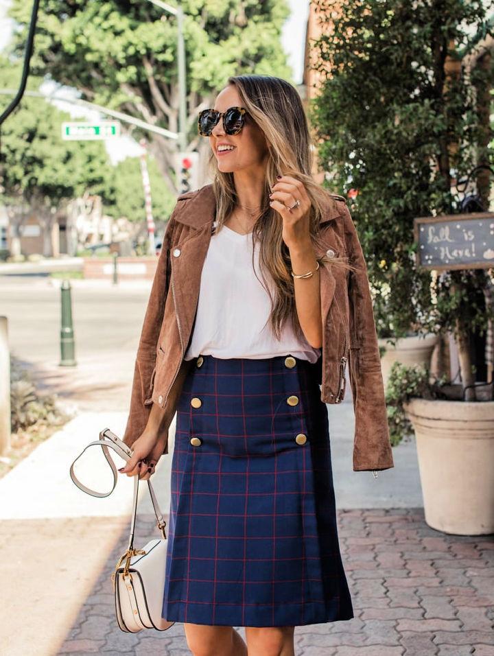 A line Plaid Skirt With Gold Buttons