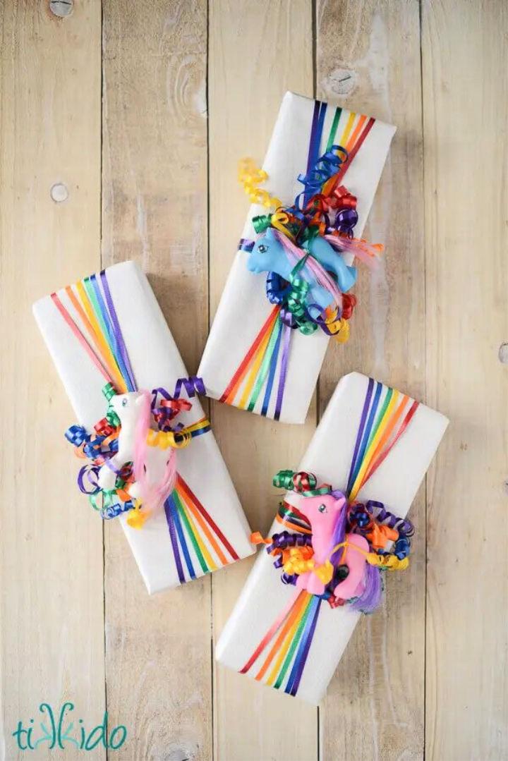 Simple DIY Rainbow Ribbon Gift Wrap