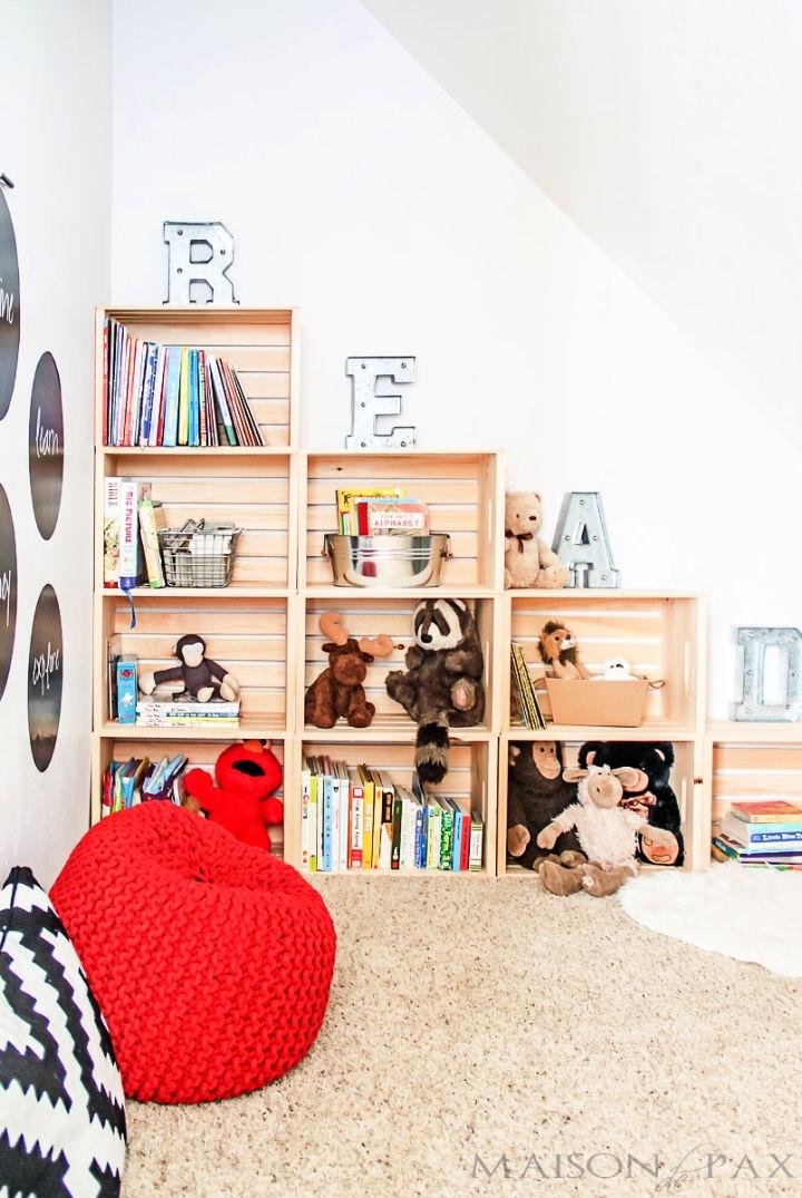 DIY Playroom Stepped Crate Bookshelf