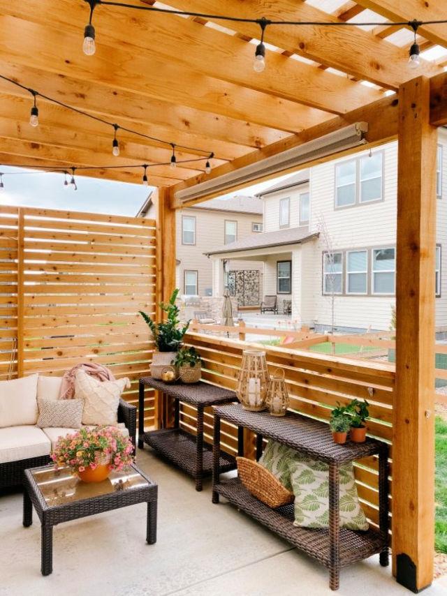 Build a Pergola on a Patio with Wood Slat Privacy Screen