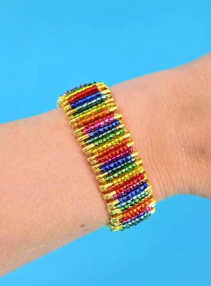 Rainbow Beaded Safety Pin Bracelet