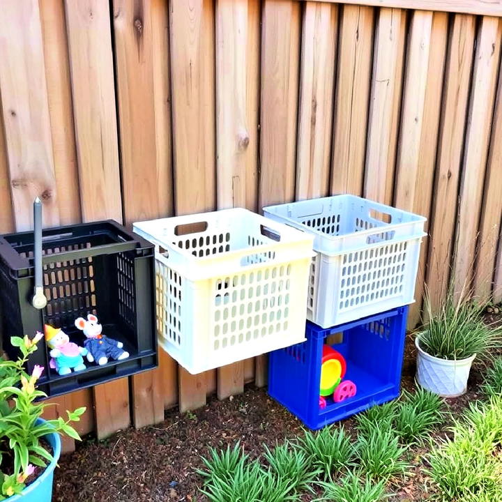 milk crates on the fence for outdoor toy storage