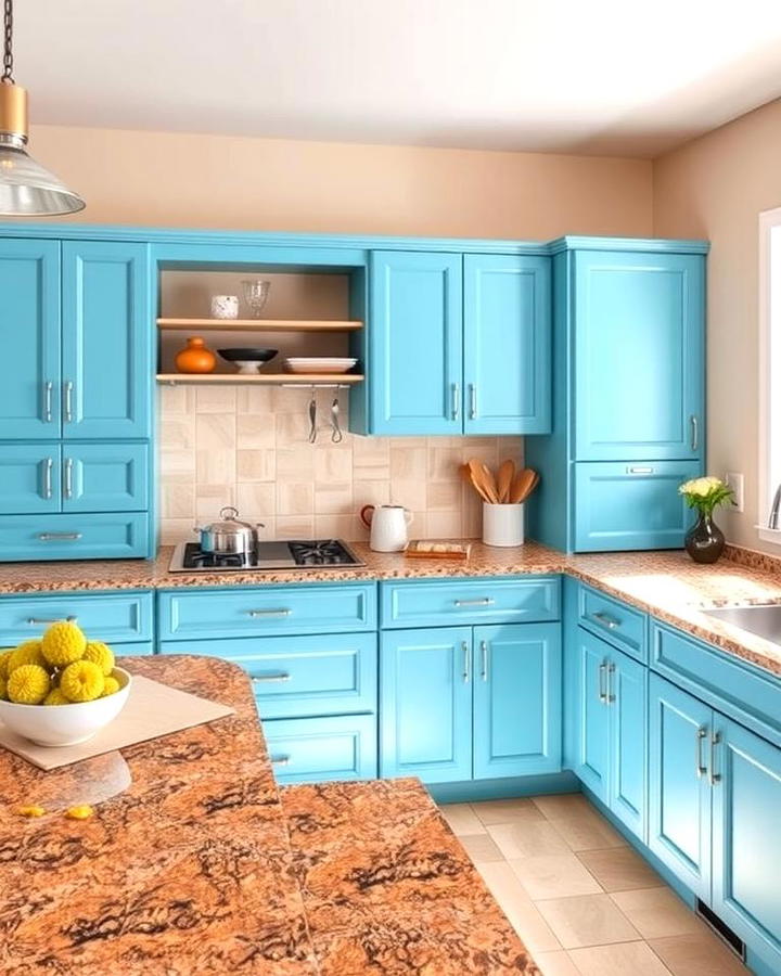 Aqua Blue Cabinets with Speckled Brown Granite