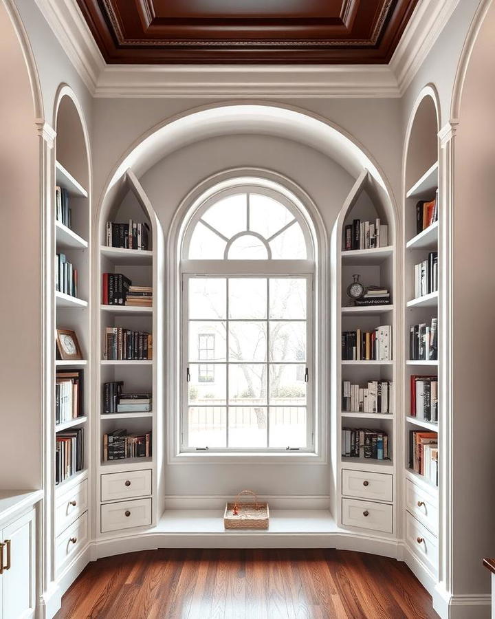 Arched Bookcases Around a Rounded Window