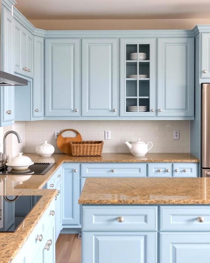 Arctic Blue Cabinets with Sand Brown Granite