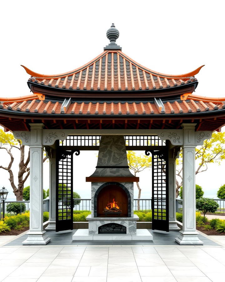 Asian Inspired Gazebo with Pagoda Roof and Fireplace