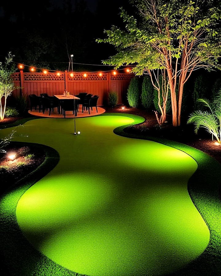 Backyard Nighttime Putting Greens with Lighting