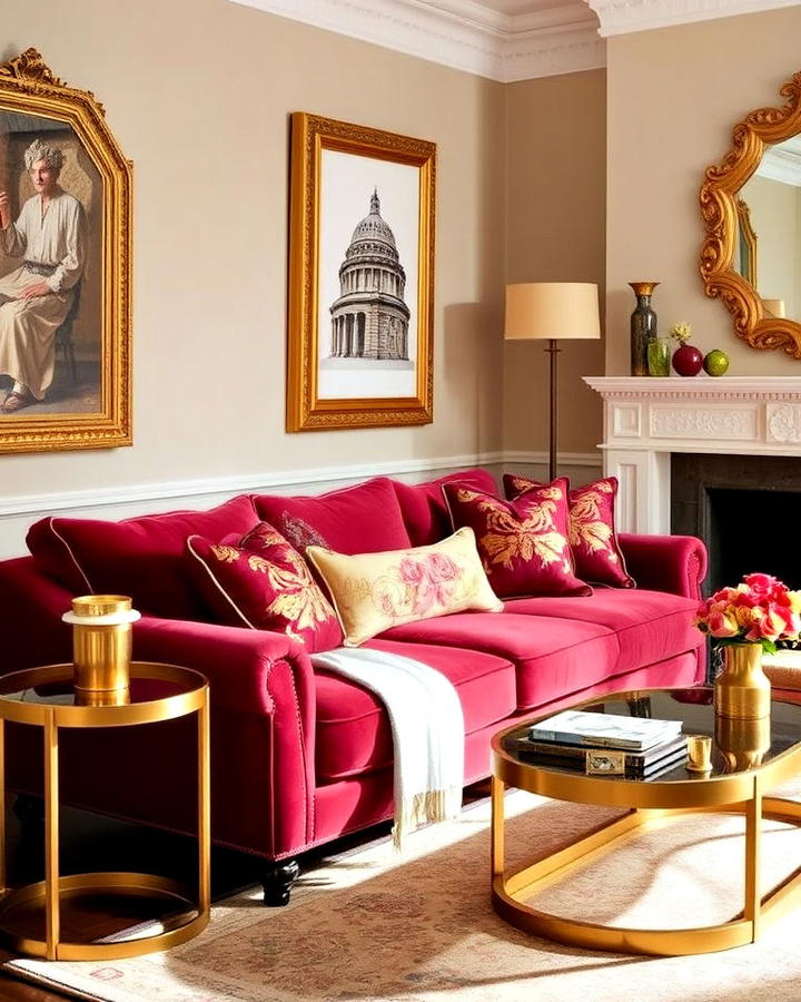 Beautiful Burgundy Sofa With Gold Accents