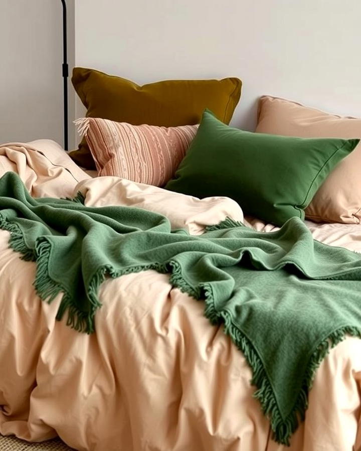 Beige Bedding with Green Throw Blankets