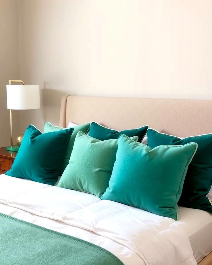 Beige Headboard with Green Accent Pillows