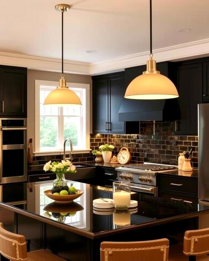 Beige Pendant Lights over Black Countertops