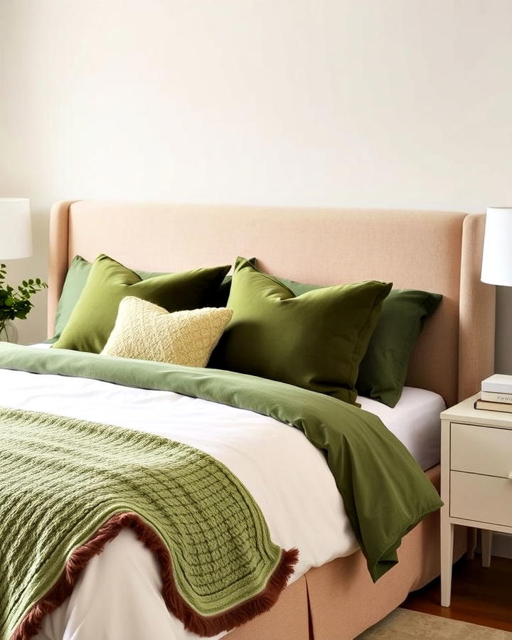 Beige Upholstered Bed With Green Bedding