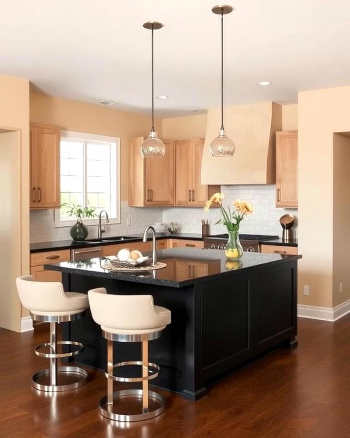 Beige Walls with Black Kitchen Island