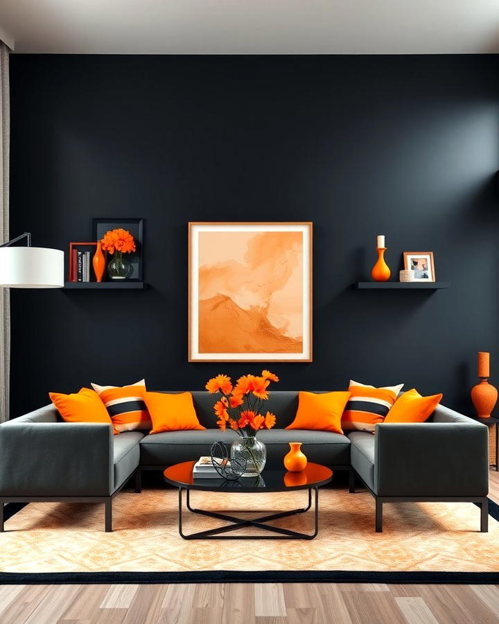 Black Accent Wall with Orange Decor