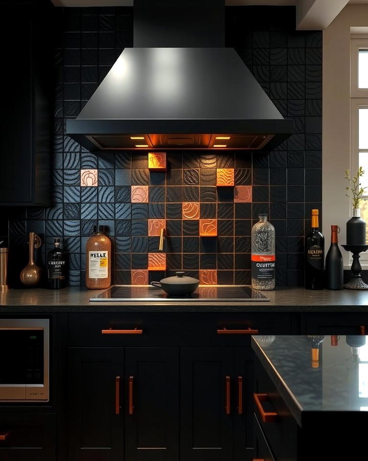 Black Backsplash with Copper Accents