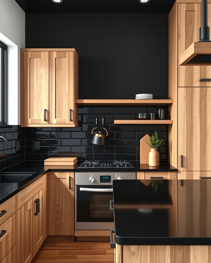 Black Backsplash with Wooden Accents