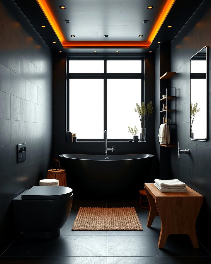 Black Bathroom with Wooden Accents