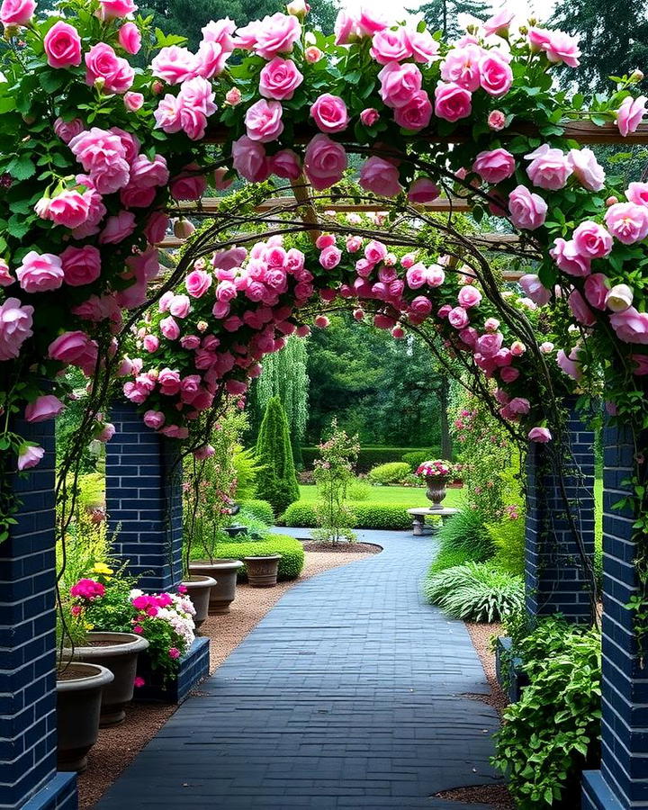 Black Brick Walkway with Flowering Archways