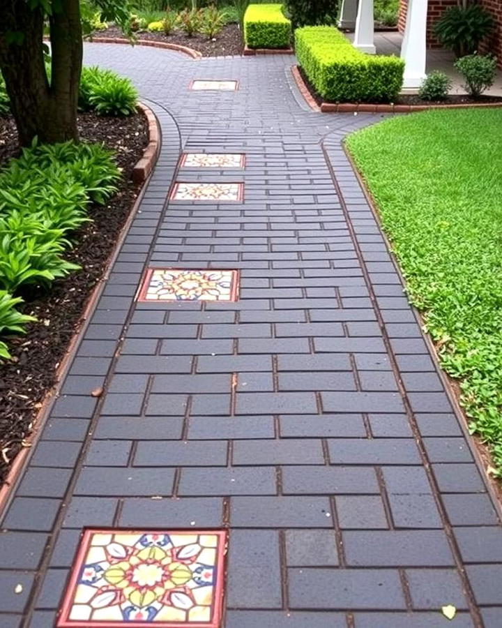 Black Brick Walkway with Mosaic Inserts