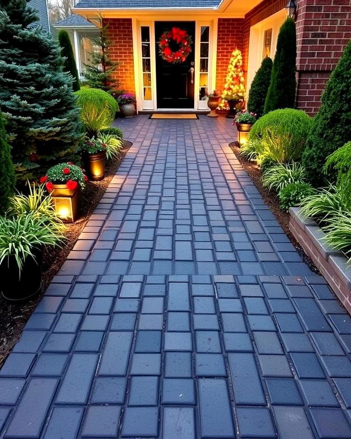 Black Brick Walkway with Seasonal Decor