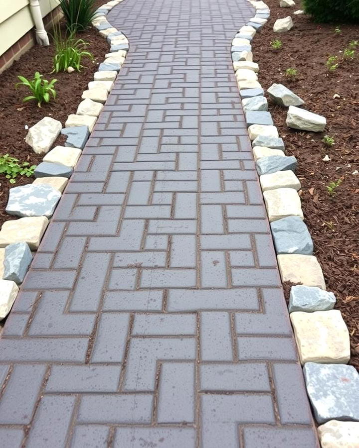 Black Brick Walkway with Textured Stone Borders