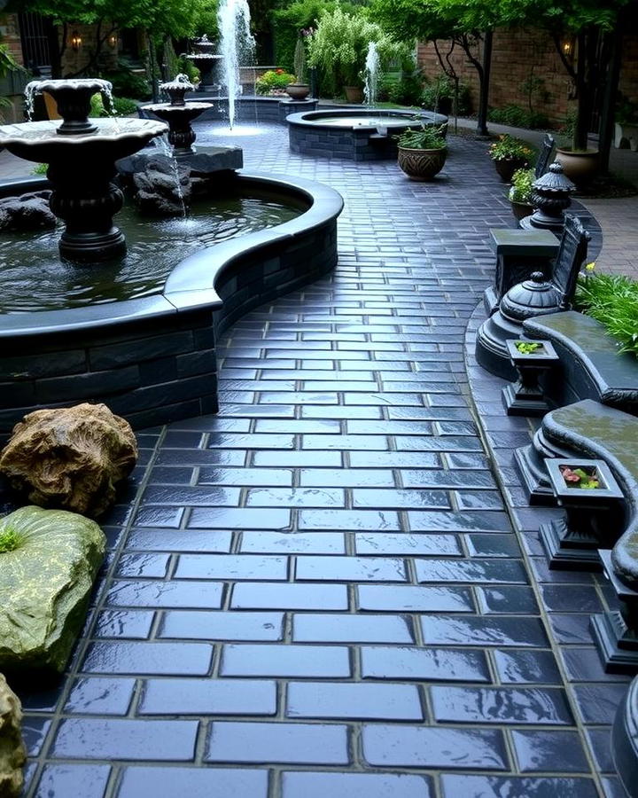 Black Brick Walkway with Water Features