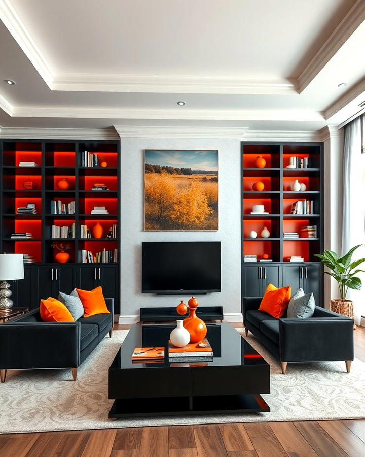 Black Built ins with Orange Accents