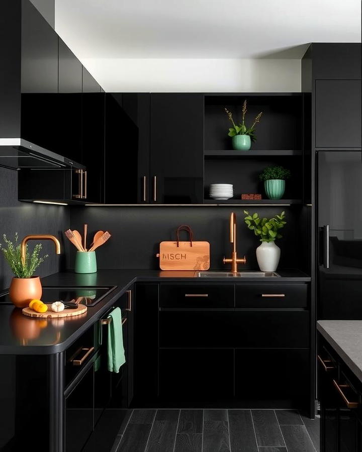 Black Cabinetry with Sage Green Accents