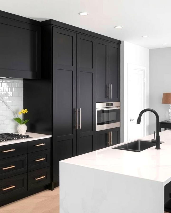 Black Cabinets With Waterfall White Countertops