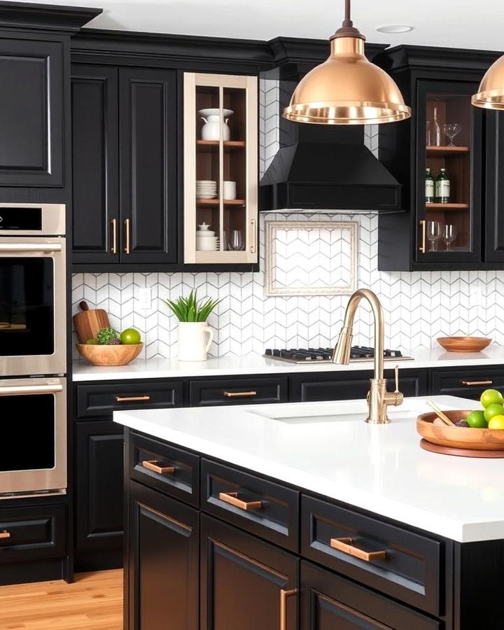 Black Cabinets With White Countertops and Bold Backsplash