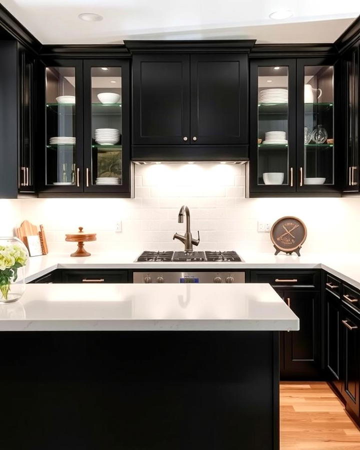 Black Cabinets With White Countertops and Glass Cabinet Doors