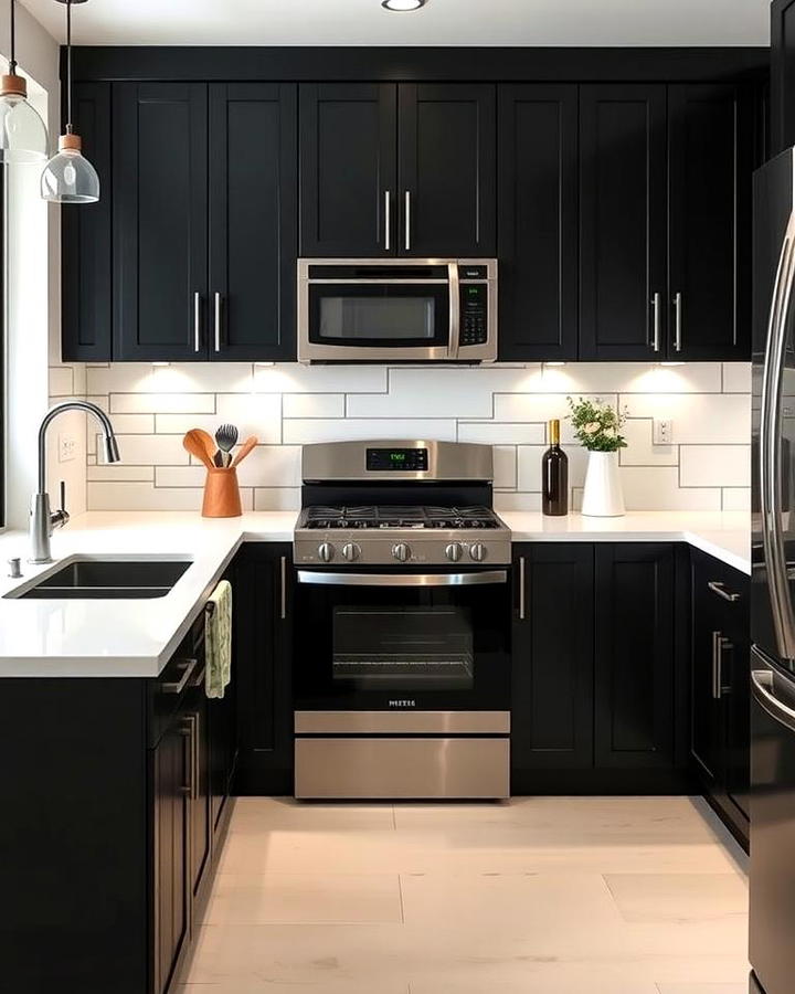 Black Cabinets With White Countertops and Integrated Appliances