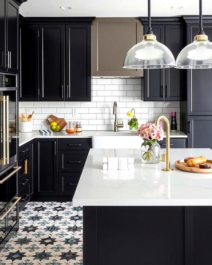 Black Cabinets With White Countertops and Patterned Flooring