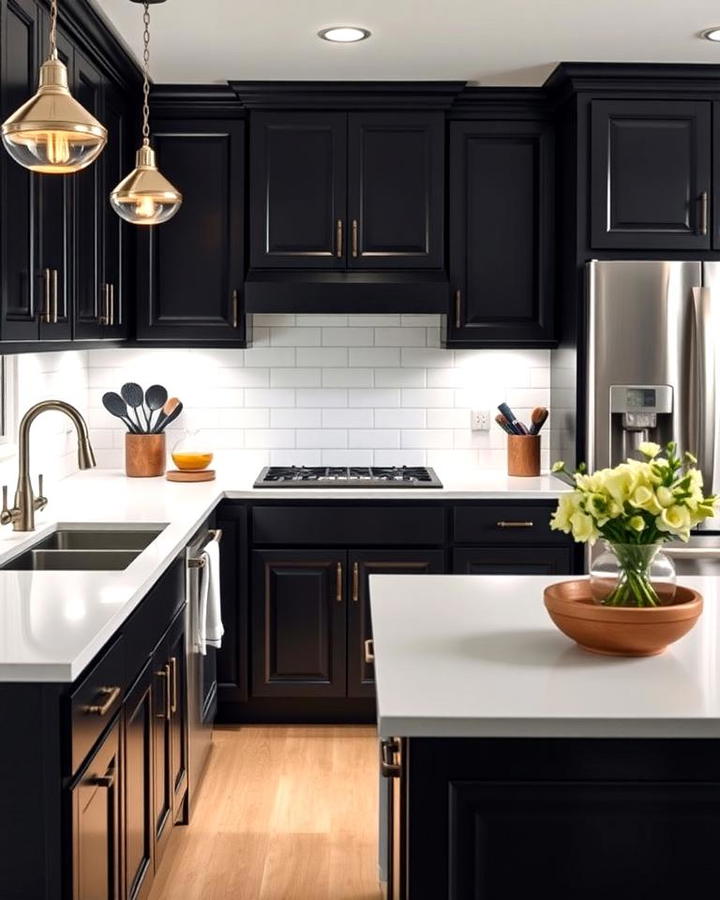 Black Cabinets With White Countertops and Pendant Lighting