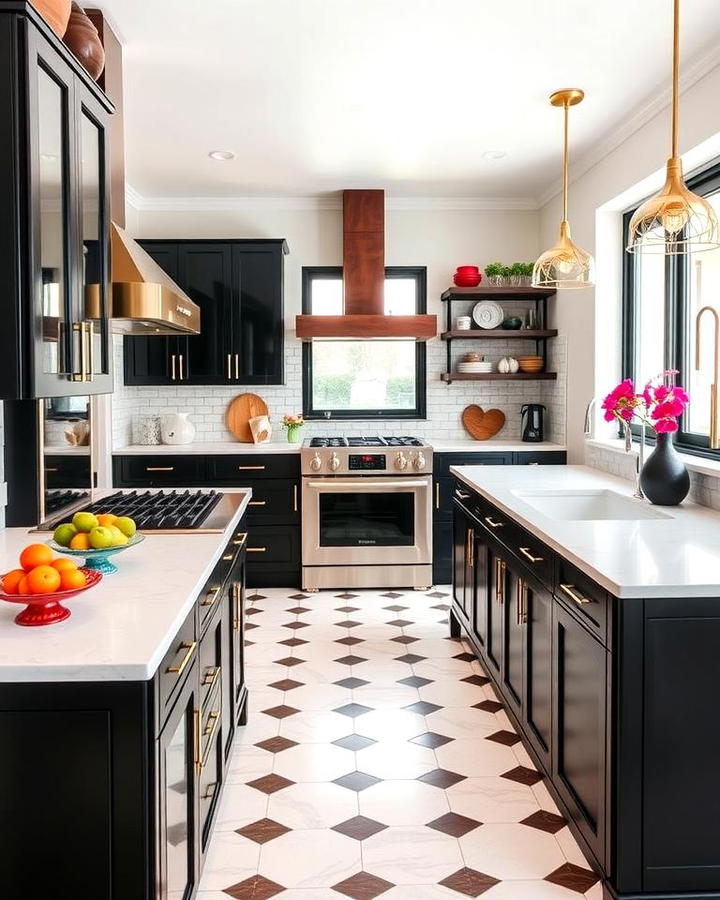 Black Cabinets With White Countertops and a Pop of Color