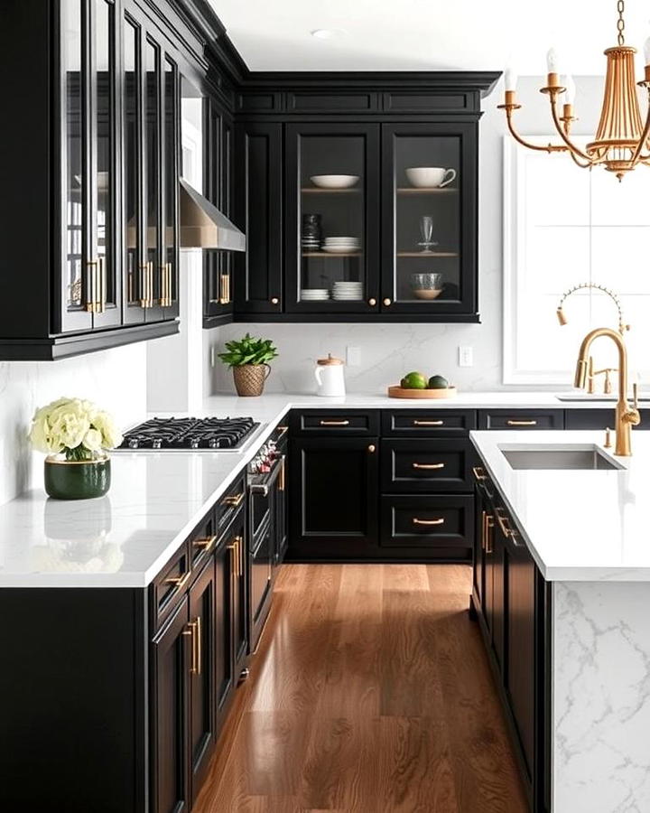 Black Cabinets With White Quartzite Countertops and Gold Accents