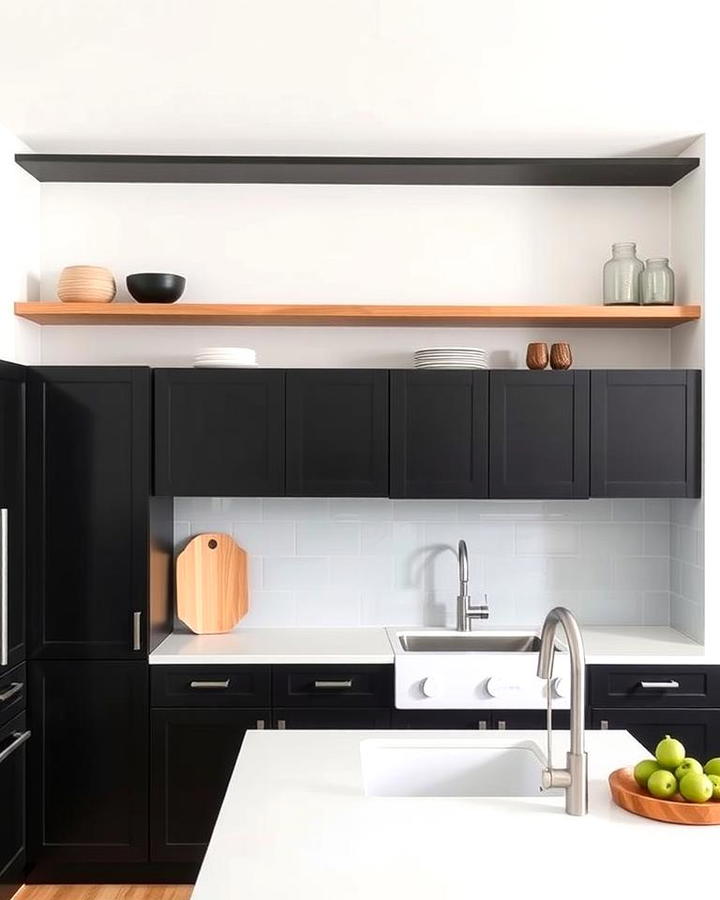 Black Cabinets With White Solid Surface Countertops and Open Shelving