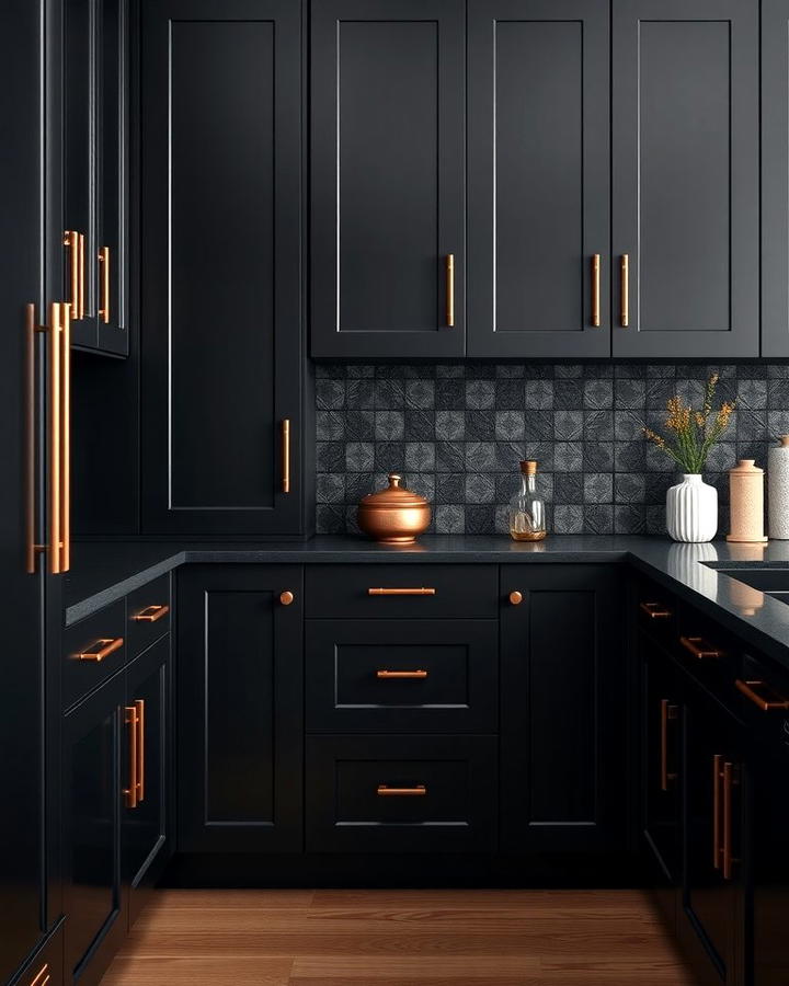 Black Cabinets with Copper Hardware Accents