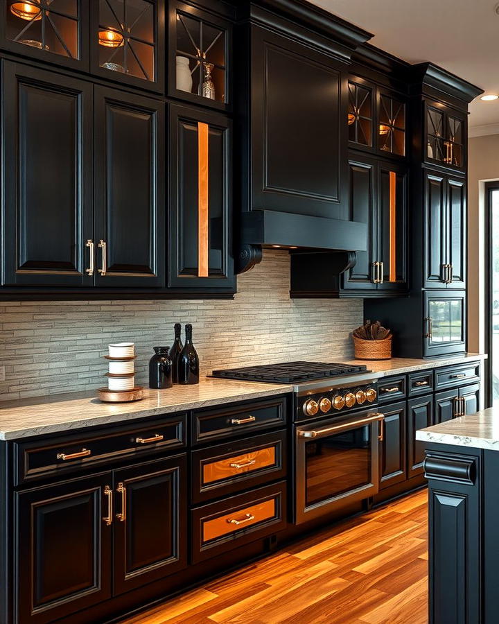 Black Cabinets with Copper Inlays