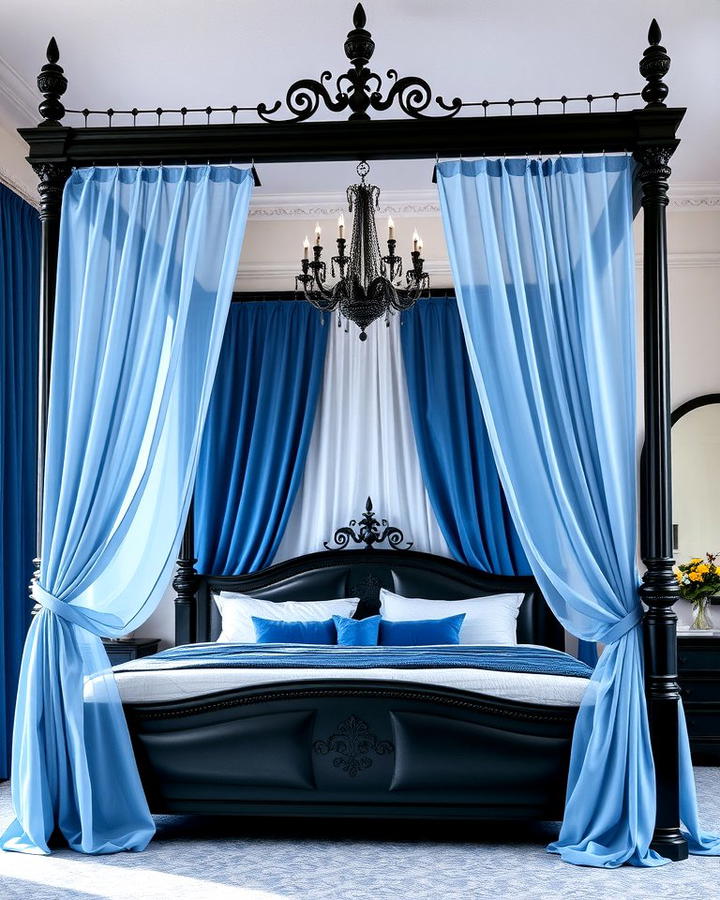 Black Canopy Bed with Blue Drapes