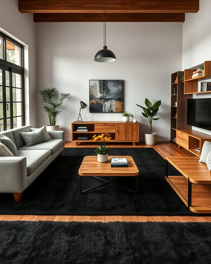 Black Carpet with Natural Wood Accents