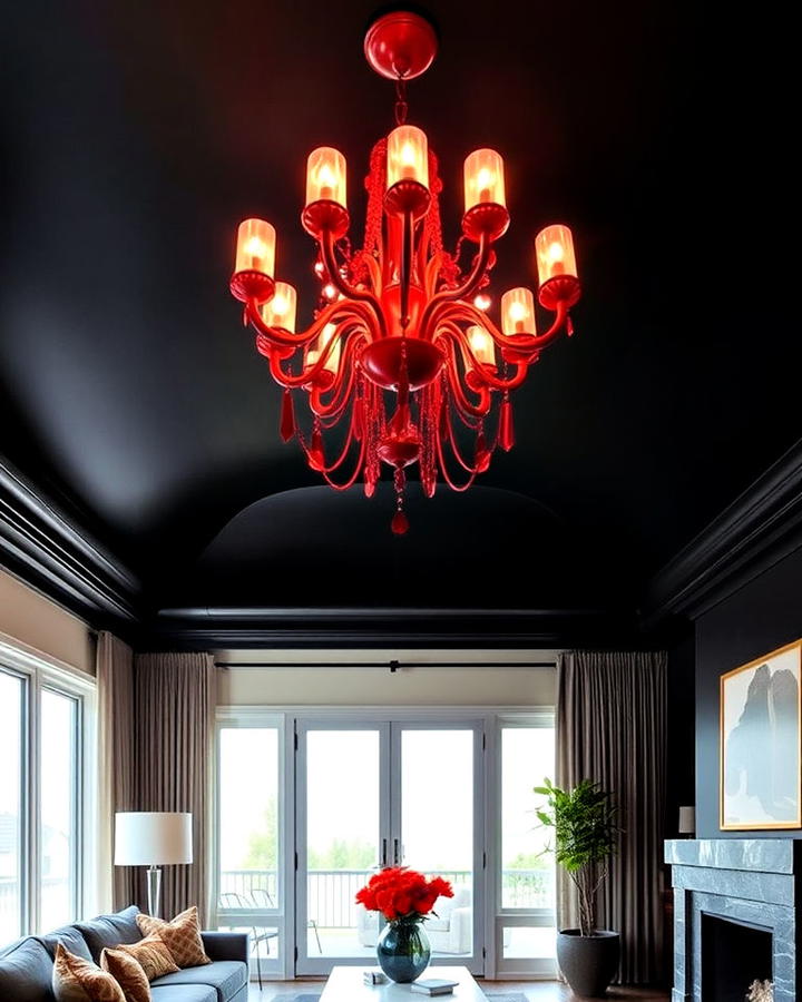 Black Ceiling With Red Chandelier Living Room