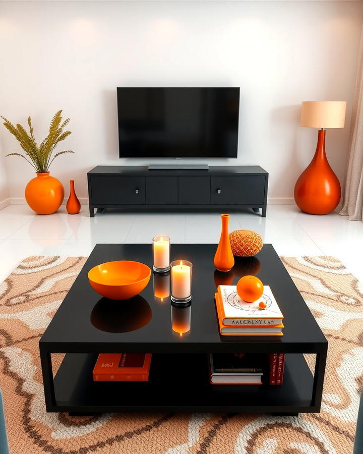 Black Coffee Table with Orange Accessories