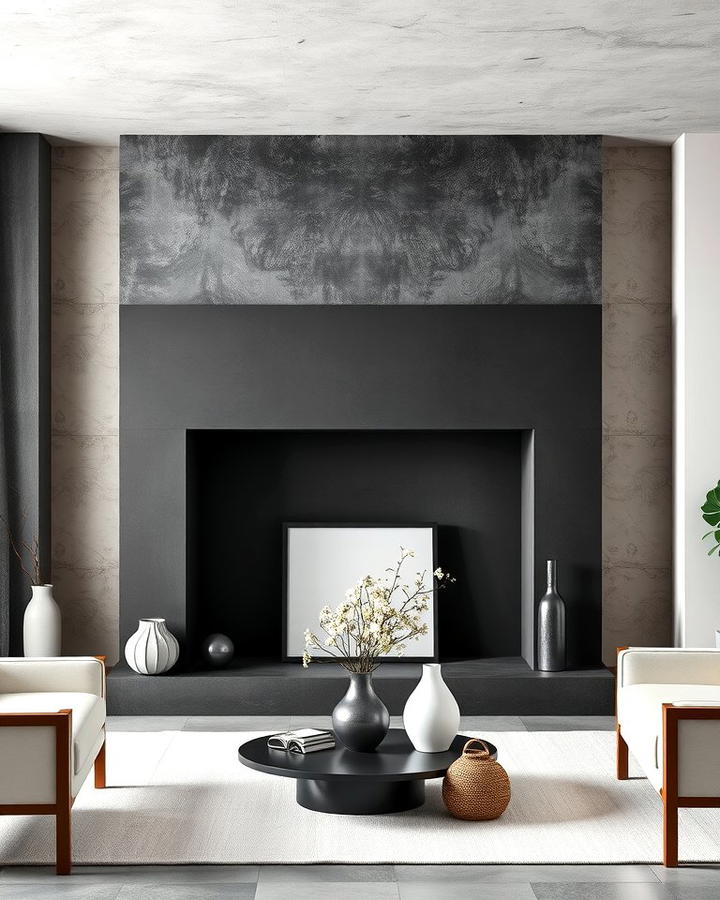 Black Concrete Fireplace with White Accessories