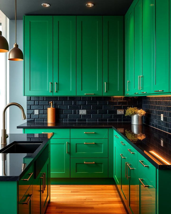 Black Countertops with Green Cabinets