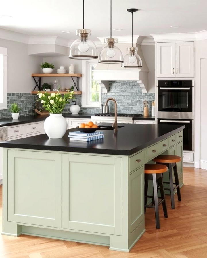 Black Countertops with Sage Green Island