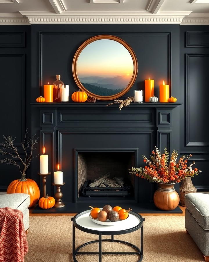 Black Fireplace with Orange Mantel Decor