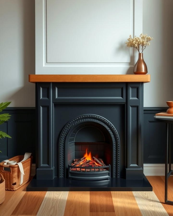 Black Fireplace with Wooden Mantel