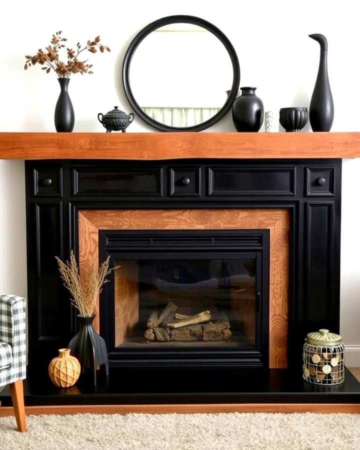 Black Fireplace with Wooden Mantel