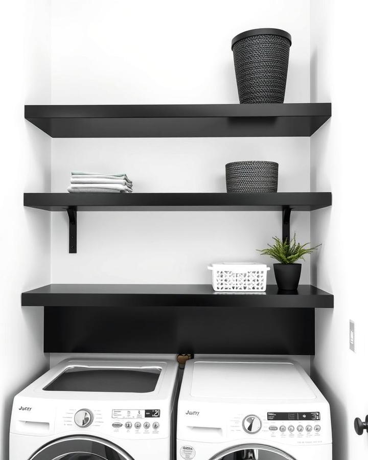 Black Floating Shelves on White Walls